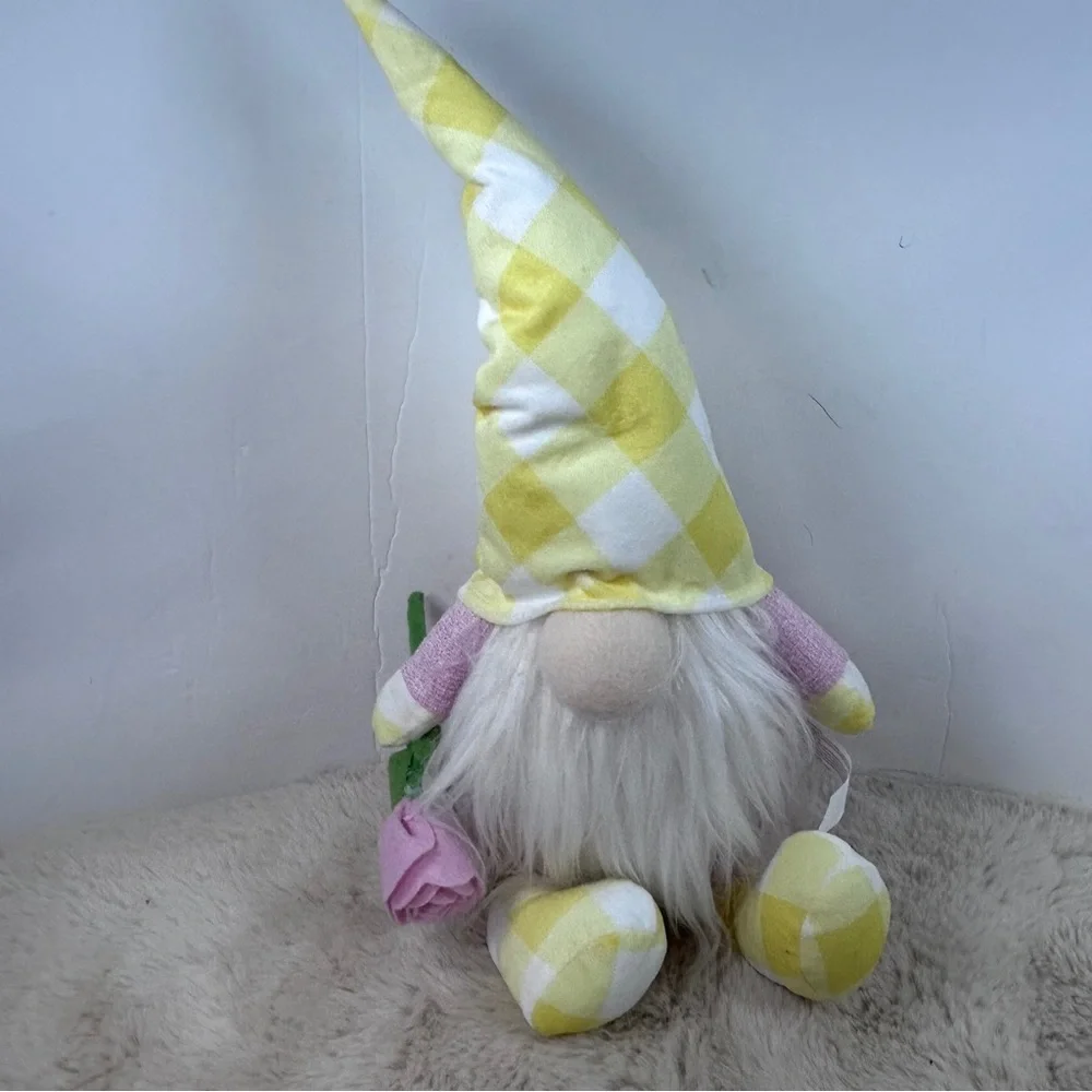 Charming Gnome Plush with Yellow Checkered Hat Spring Time